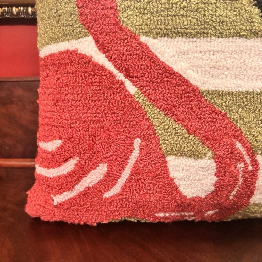 Flamingo Hooked Pillow 18x18 Tropical‎ Coastal Decor Green Stripe Accent Pillow